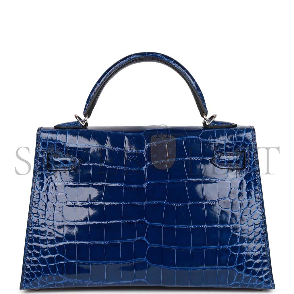 HERMÈS MASTER MINI KELLY II SELLIER BLEU SAPHIR SHINY ALLIGATOR PALLADIUM HARDWARE (19*12*5.5cm) 